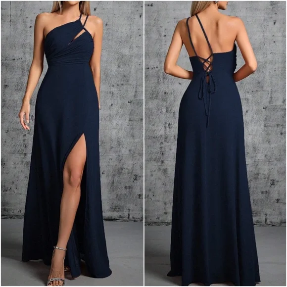 Luxe One Shoulder Lace up Back Maxi Dress - Picture 3 of 4